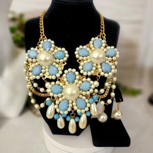 Gold Pearl and Blue Flower Statement Necklace Earrings Set